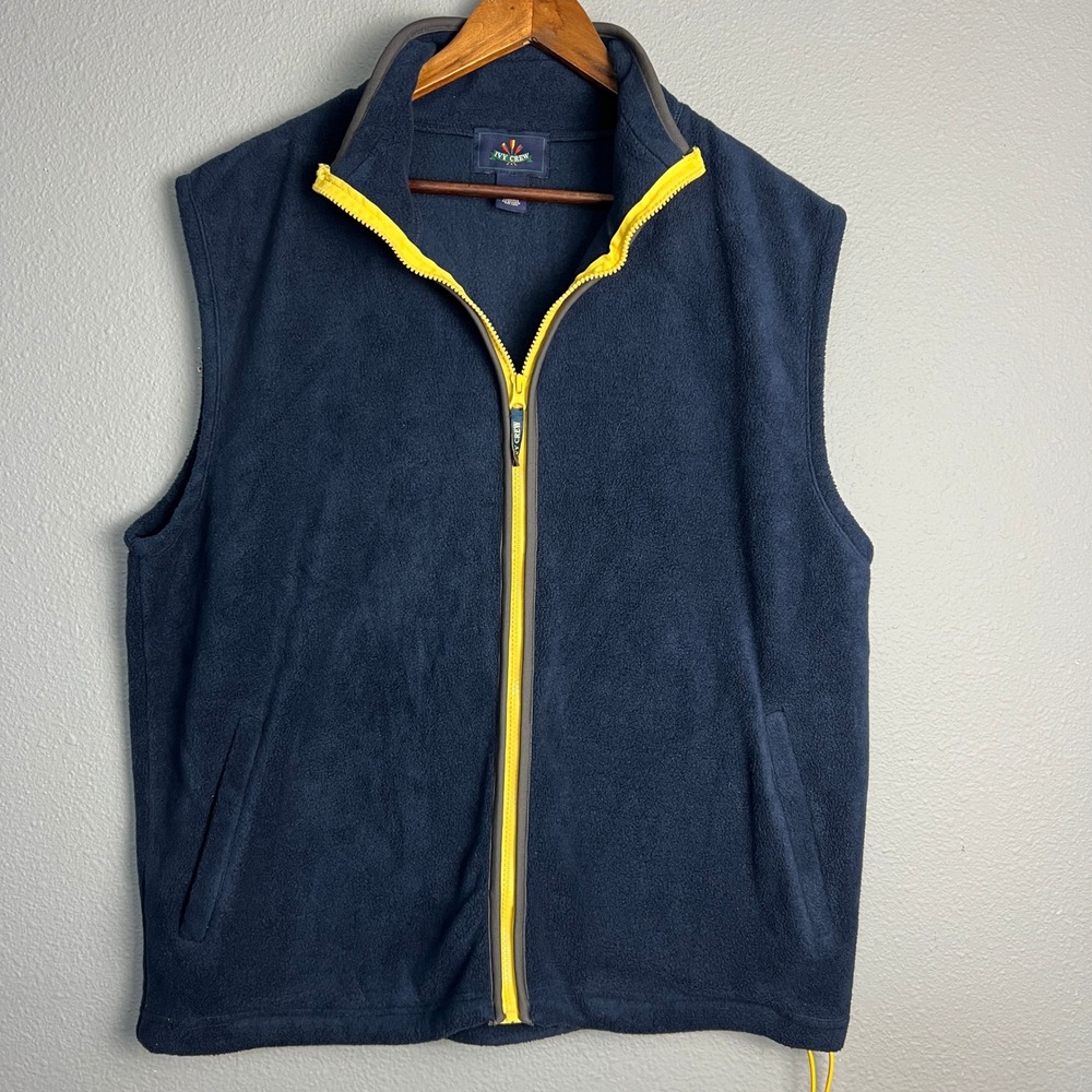 Ivy Crew Fleece Vest Full Zip Pockets Sleeveless Outdoor Navy Yellow Trim XL
